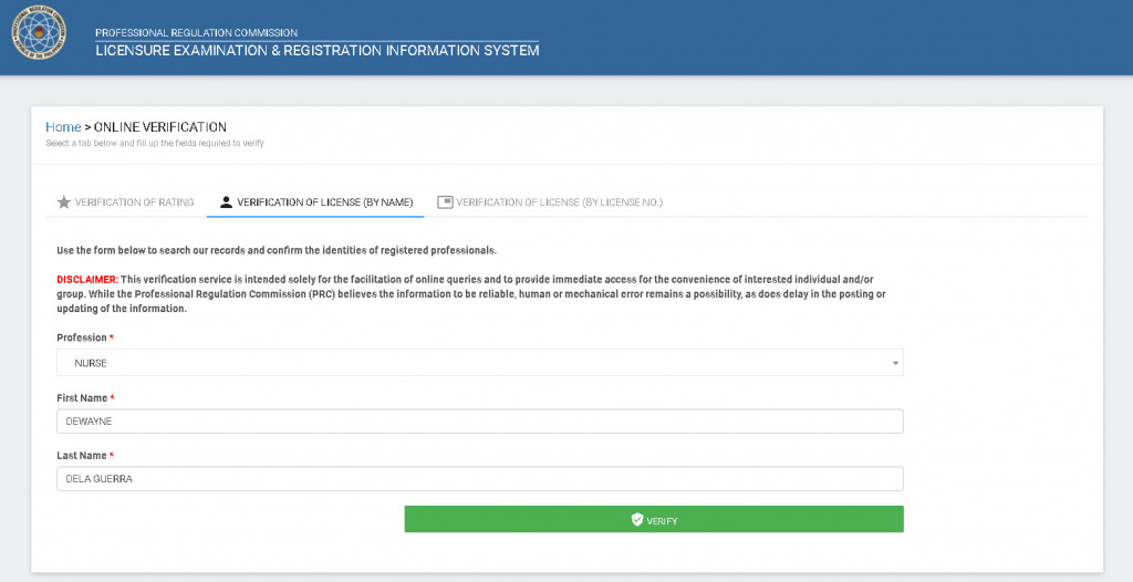 PRC verification licensed nurse
